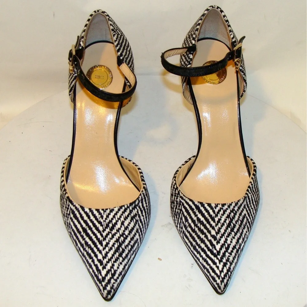 ELISABETTA FRANCHI BLACK WHITE ANKLE STRAP SHOES HEELS SIZE 37.5 / 7.5 US C133